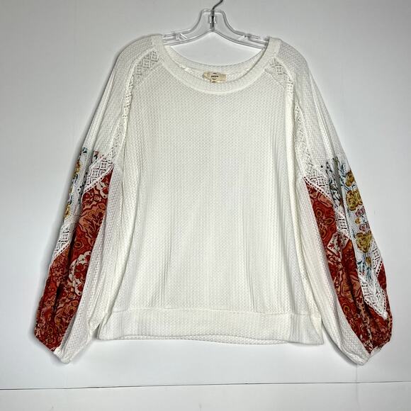 Entro Long Sleeve Waffle Knit Pullover Top White Red Womens Large - Picture 2 of 9